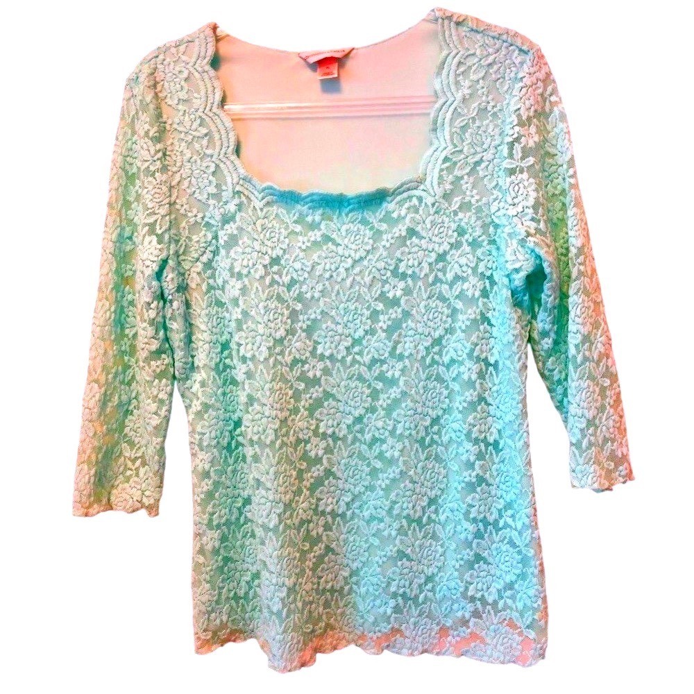 Mint Green Lace 3/4 Sleeve Scalloped Square Neck Top XL Cottagecore Romance